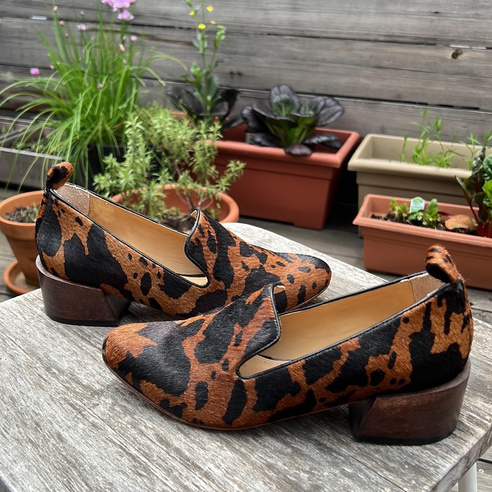 Mari Giudicelli pony hair stacked wood heel loafers brown/dark brown cow print.
